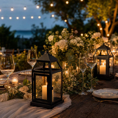 Elegant outdoor dinner table with lanterns, candles, flowers, and string lights at dusk
