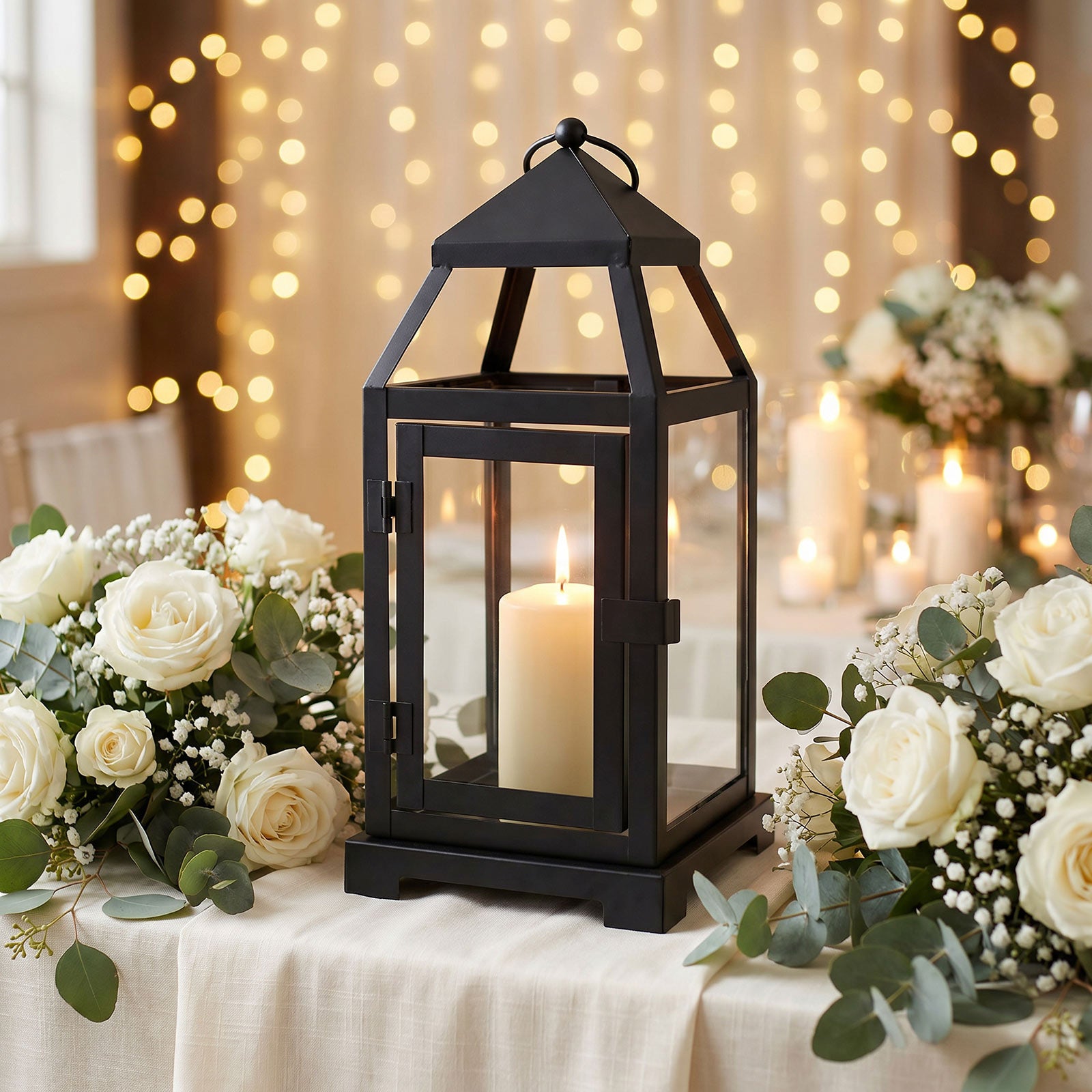 Black metal candle lantern for moody elegant Halloween table decor