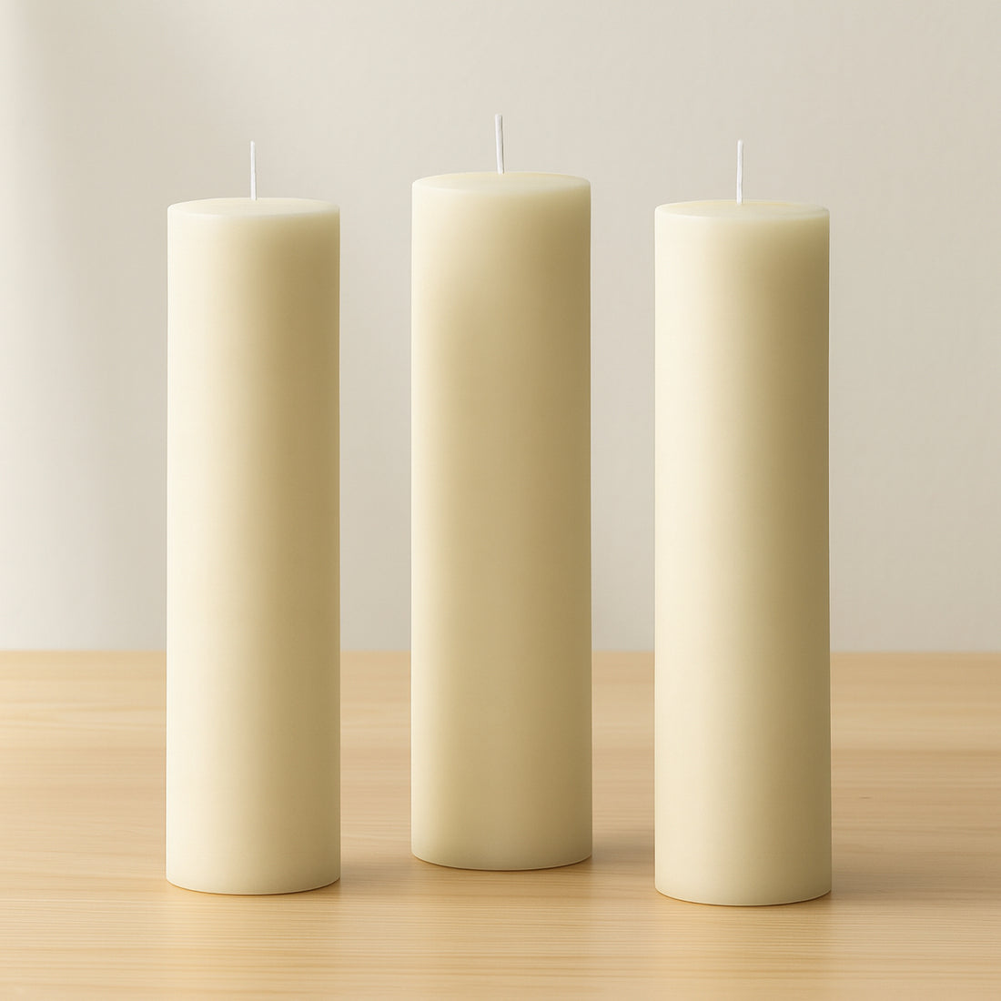 Three tall cream-colored candles on a wooden surface.