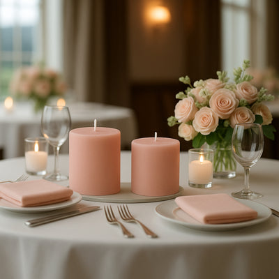 Pink candles on an elegantly set dining table with roses and glassware.