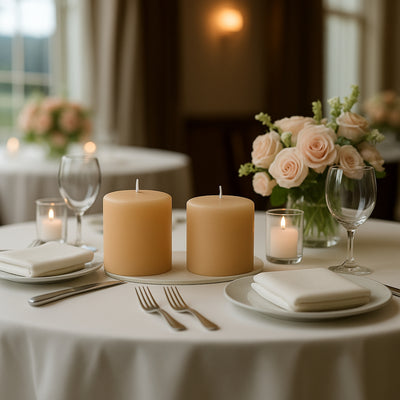 Elegant beige candles on a beautifully set dining table with floral centerpiece.