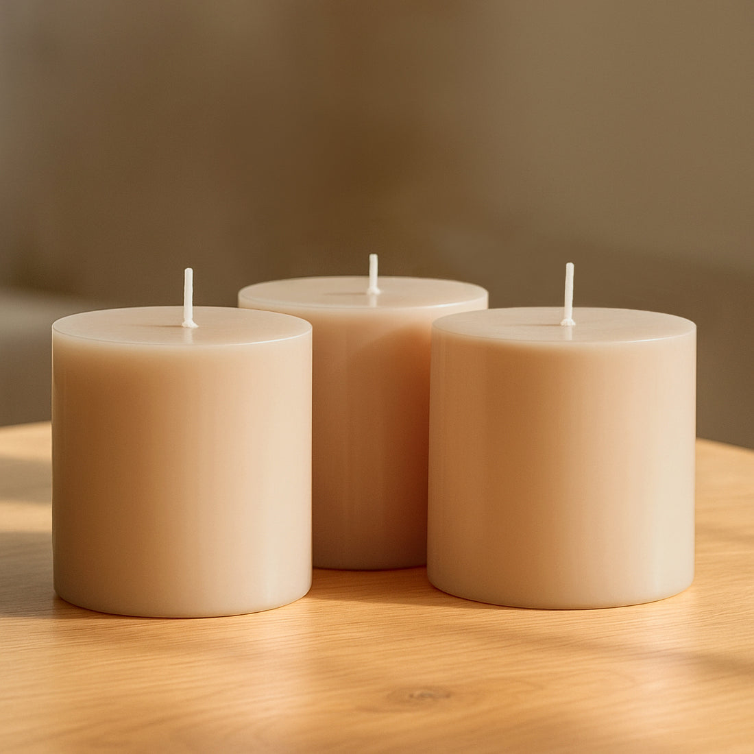 Three beige pillar candles on a wooden surface.