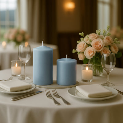 Blue candles with a floral centerpiece on an elegantly set dining table.