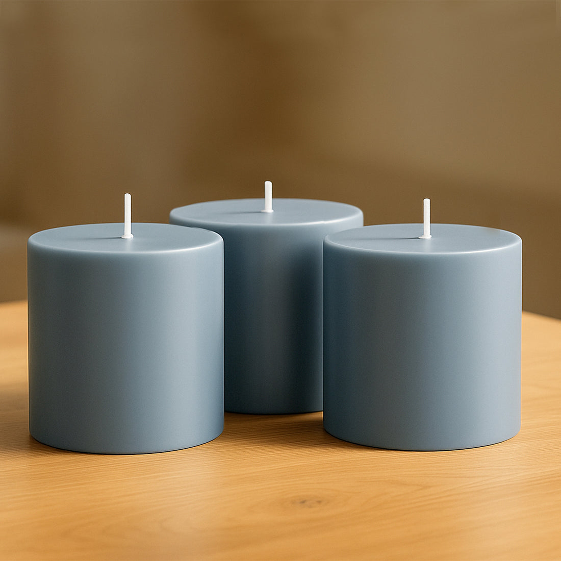 Three blue cylindrical candles on a wooden table.
