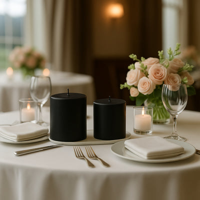 Elegant black candles on a dining table with flowers and tableware.