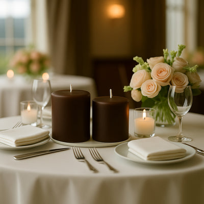 Elegant brown candles on a beautifully set dining table with flowers.