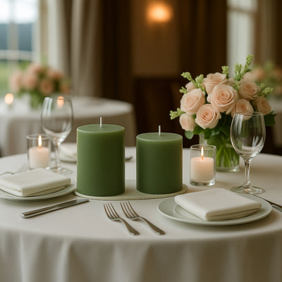 Green candles and floral centerpiece on an elegantly set dining table.