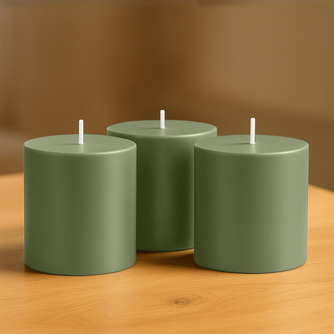Set of three green cylindrical candles on a wooden surface.