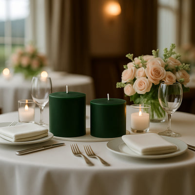 Elegant green candles on a beautifully set dining table with roses.