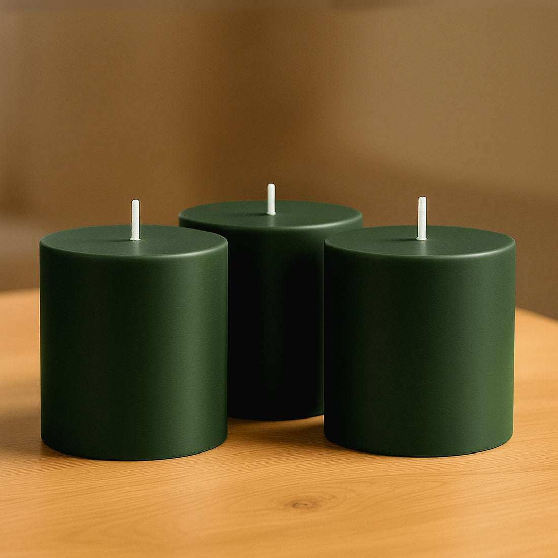 Green cylindrical candles on a wooden table.
