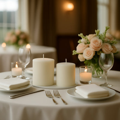 Elegant table setting with candles and floral centerpiece in a dining room.