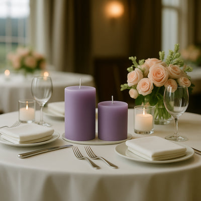 Purple candles on a elegantly set dining table with floral centerpiece.