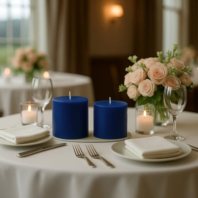 Blue pillar candles on a dining table with pink roses and elegant tableware.