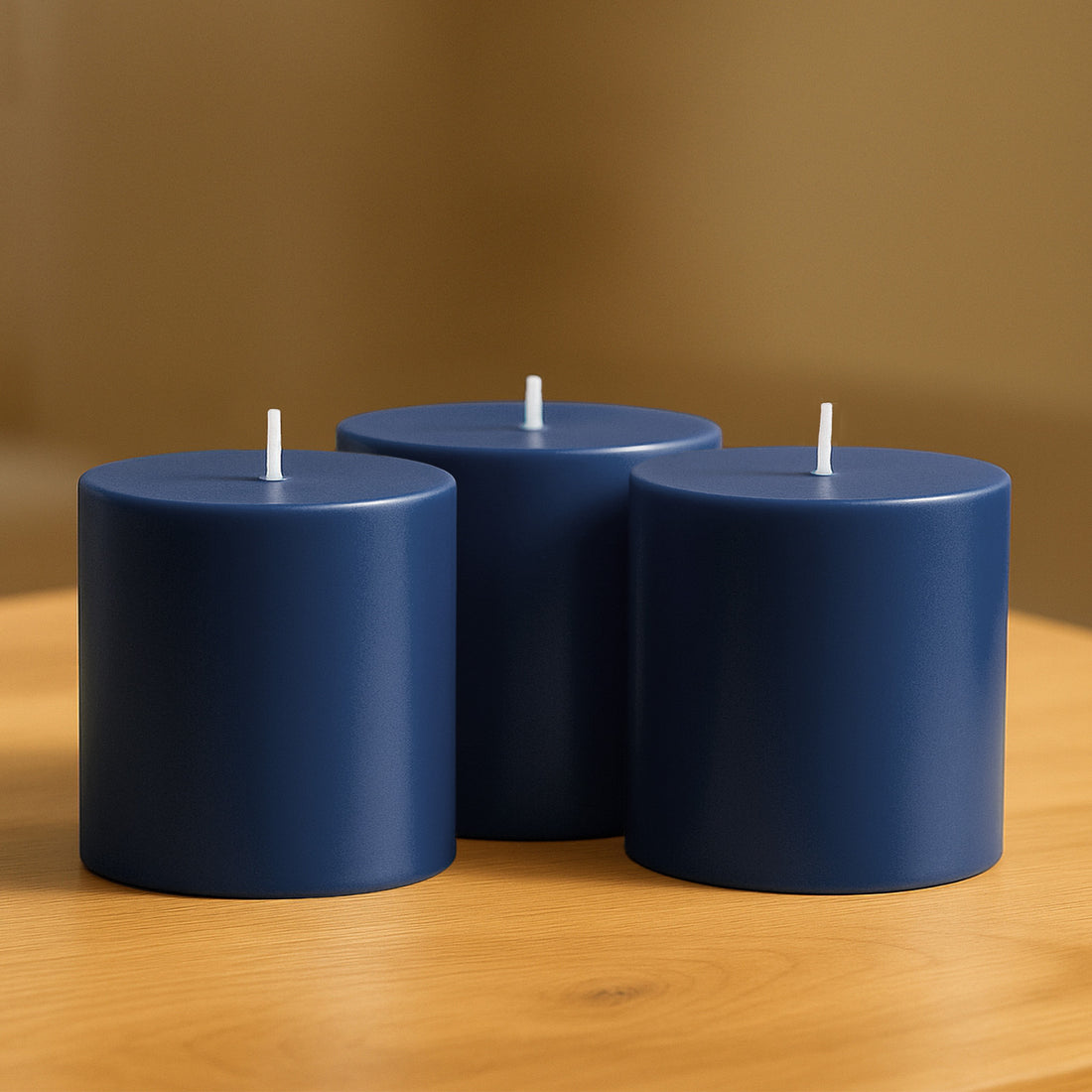 Three navy blue candles on a wooden table.