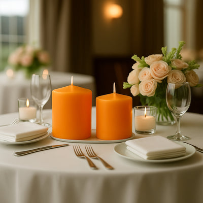 Orange candles on a beautifully set dining table with floral arrangements.