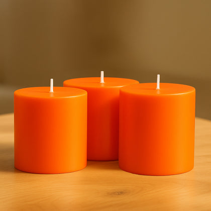 6-Pack Unscented Pillar Candles – Dripless 3"x3" Orange Paraffin Wax with Smokeless Cotton Wicks, Clean & Long-Lasting 30-Hour Burn