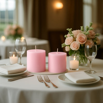Pink candles on a elegantly set dining table with flowers and glassware.