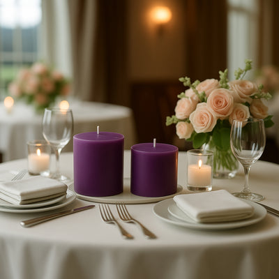 Purple candles on a romantic dining table with roses and elegant dinnerware.