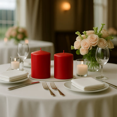 Red candles on a dining table with flowers and glassware in an elegant setting.