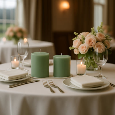 Green candles on a beautifully set dining table with roses and elegant tableware.