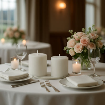 Elegant table setting with white candles and a floral centerpiece.