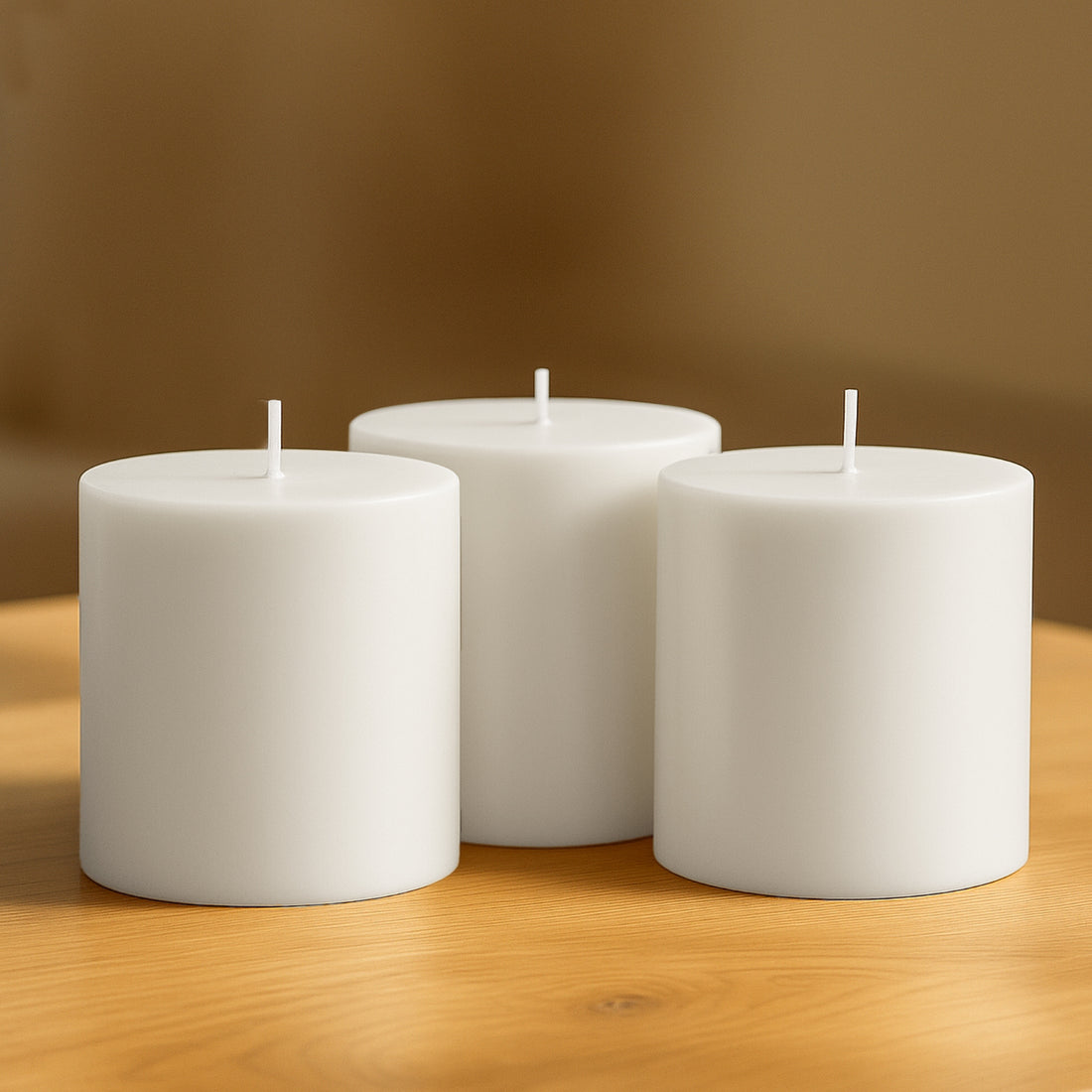 Set of three white candles on a wooden table.