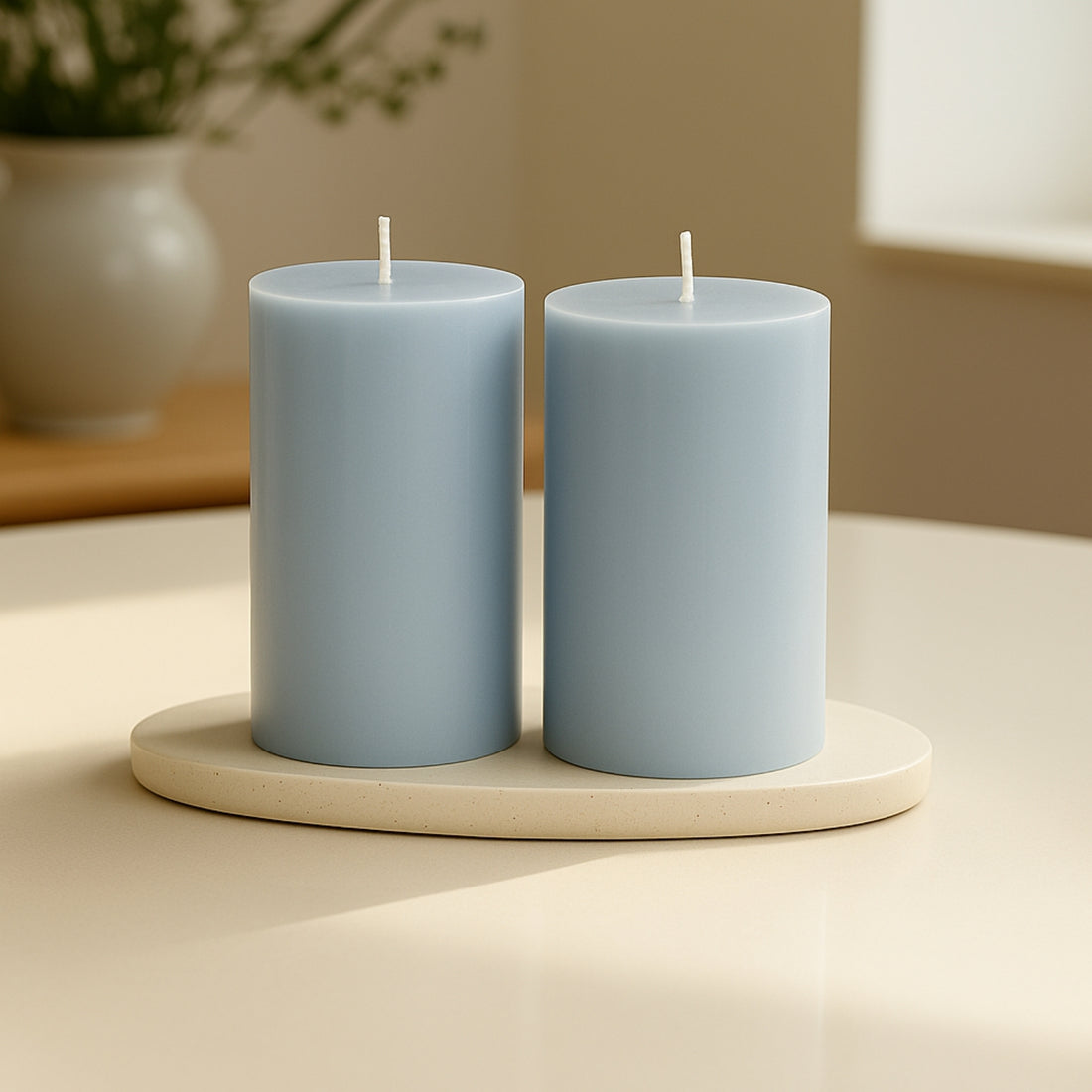 Blue pillar candles on a minimalist tray in a serene setting.