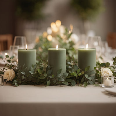 Green pillar candles with greenery and roses on a dining table setting.