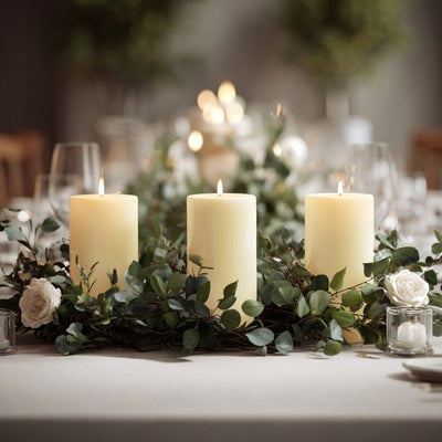 Elegant candles surrounded by greenery and roses on a beautifully set table.