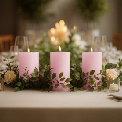 Pink candles adorned with greenery on an elegant dining table setting.