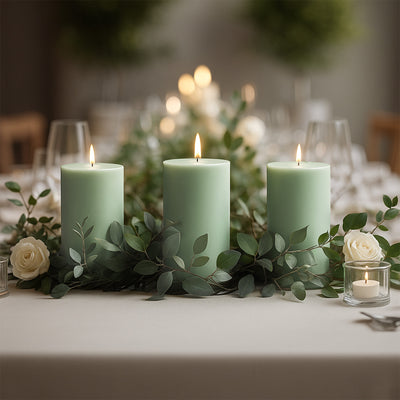 Elegant green candles surrounded by foliage and roses on a dining table.