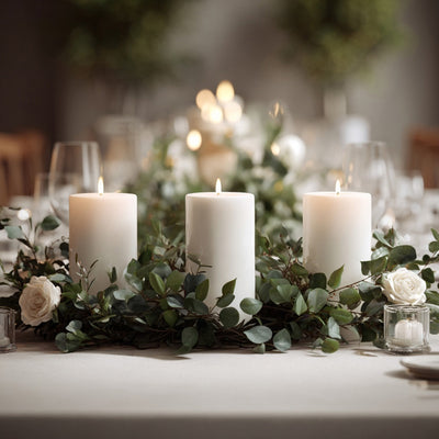 Elegant white candles with greenery and roses on a beautifully set dining table.