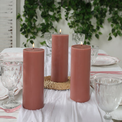 12-Pack Unscented Pillar Candles – Dripless 3"x8" Dusty Rose Paraffin Wax with Smokeless Cotton Wicks, Clean & Long-Lasting Burn for Weddings, Home & Event Decor