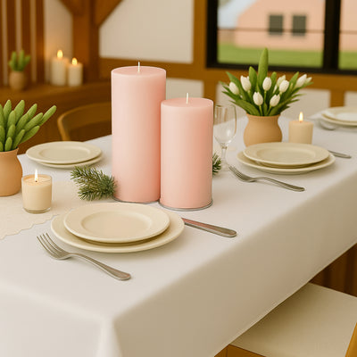Elegant table setting with pink candles, plates, and green decor in a cozy dining space.
