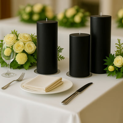 Elegant black candles with floral arrangements on a dining table setting.
