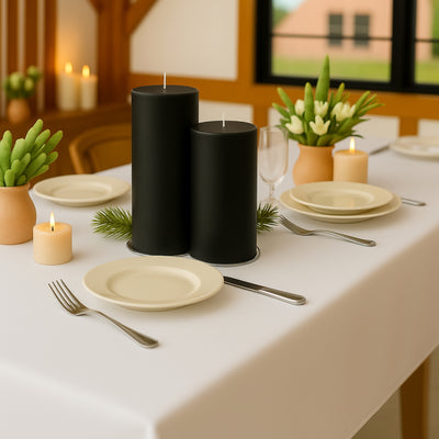 Elegant black and cream candles on a beautifully set dining table.