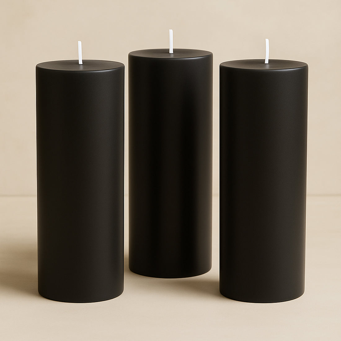 Set of three tall black candles on a neutral background.