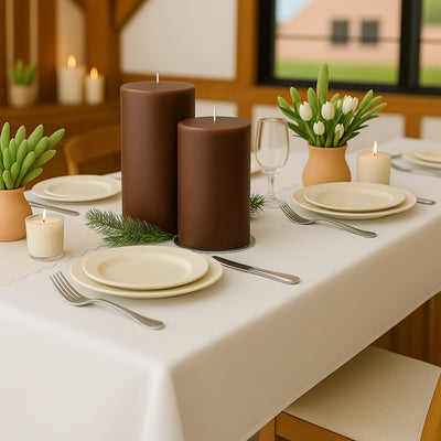 Elegant dining table setup with candles, plates, and decorative plants.