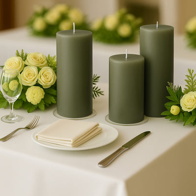 Green candles with floral arrangements on a dining table setting.