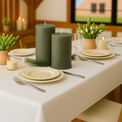 Elegant table setting with green candles, plates, and fresh greenery.