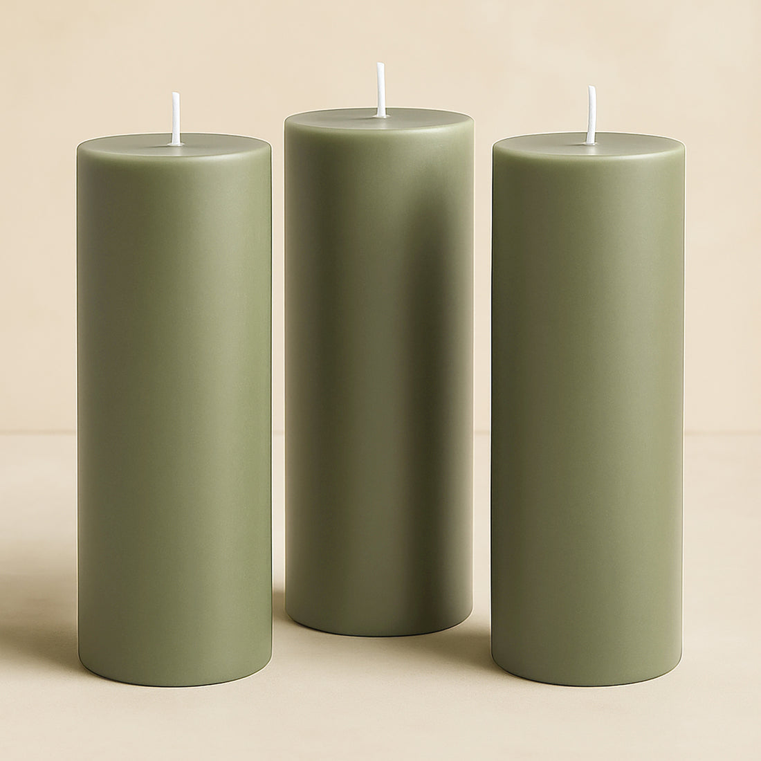Set of three green pillar candles in varying heights.