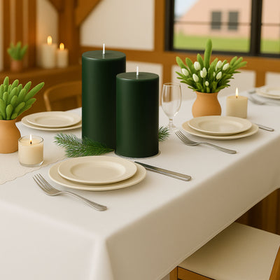 Elegant table setting with green candles and fresh flowers.