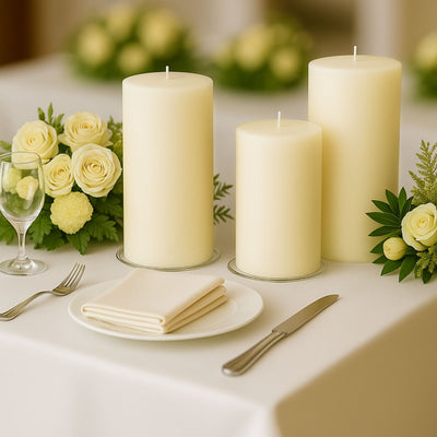 Elegant cream candles with flowers on a beautifully set dining table.