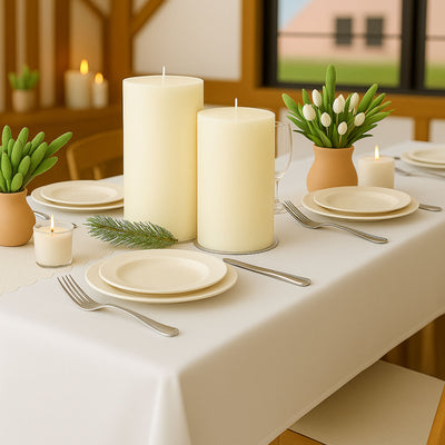 Elegant table setting with candles and spring flowers in a cozy dining scene.