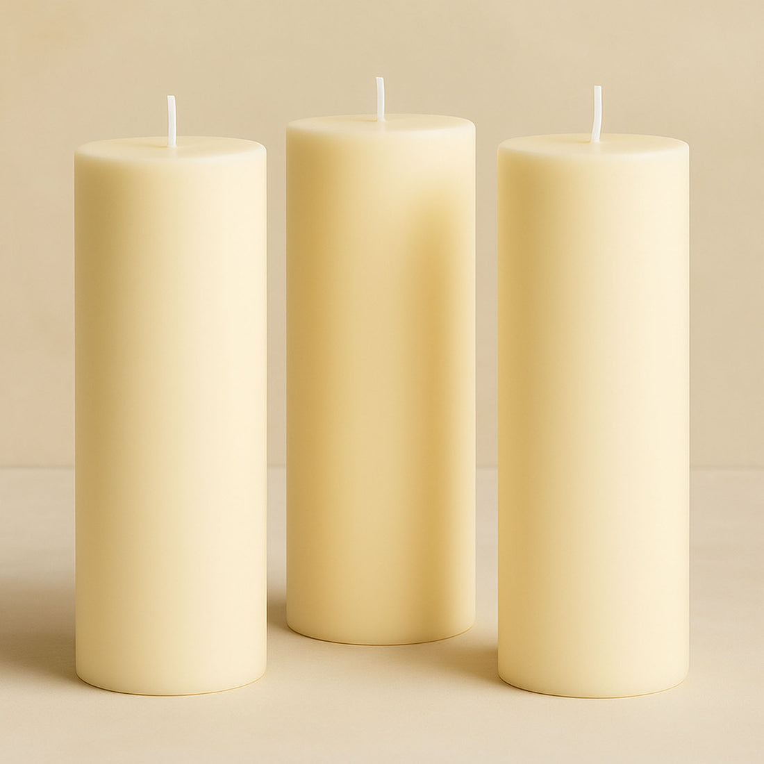 Three cream pillar candles on a neutral background.