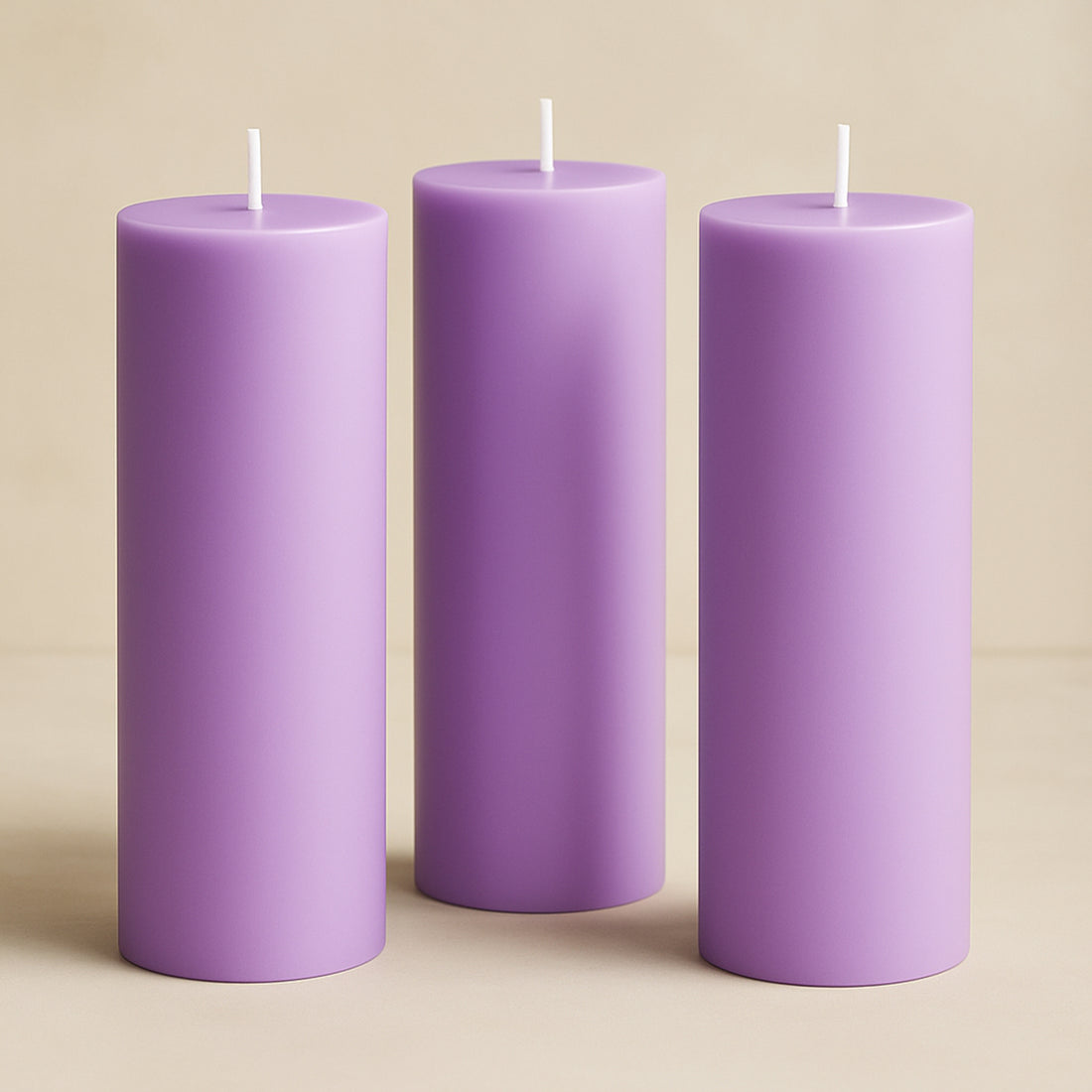Three purple pillar candles on a beige background.