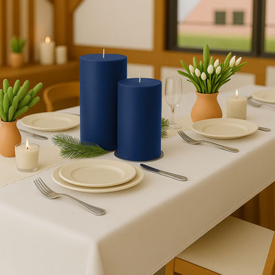 Navy blue candles on a dining table with decorative greenery and dinnerware.