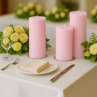 Pink candles and yellow flowers arranged elegantly on a dining table.