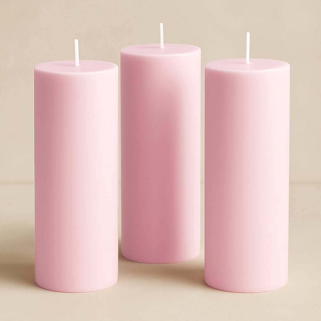 Three pink pillar candles in varying heights against a soft beige background.