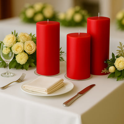 Red candles on a table with white flowers and tableware.